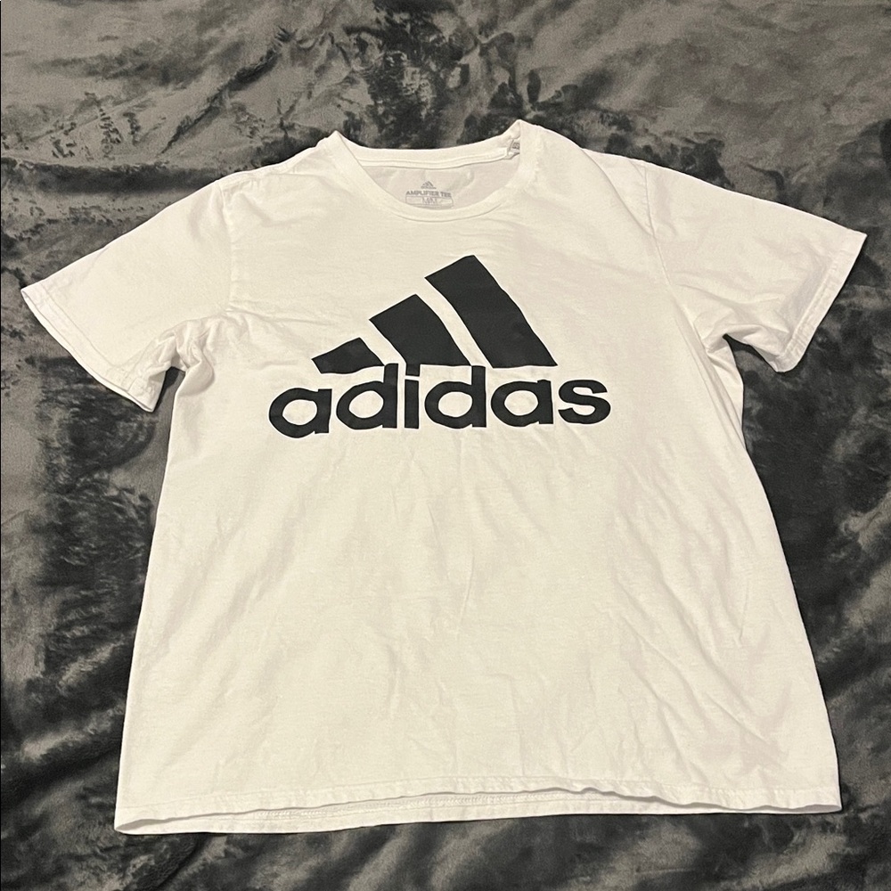 Adidas White Tee with Black Emblem Mens Medium